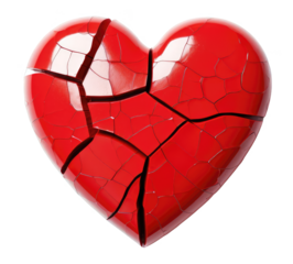 A heart that is broken into pieces. The heart is red and has a jagged edge