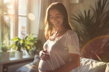 With a joyful glow, the pregnant woman laughed, her hands on the belly, sharing in the excitement of impending motherhood
