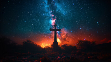 A large cross is standing in a field of stars