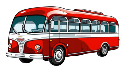 A red and white bus with a white stripe on the side