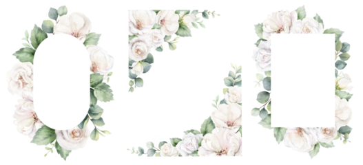 White roses and eucalyptus branches. Watercolor floral wreath. Foliage arrangement for wedding , greetings, wallpapers, fashion, fabric, home decoration. Hand painted illustration.