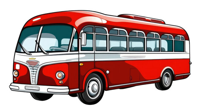 A red and white bus with a white stripe on the side