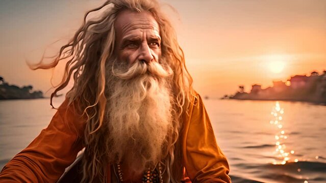 Sadhu Baba Nonno Somendrah is rowing a boat on the Ganges River in Varanasi, India