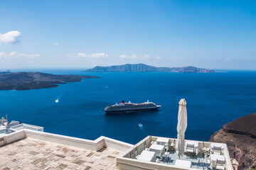 top view of the volcanic island of Santorini in Greece and the Aegean Sea. Beautiful landscape	
