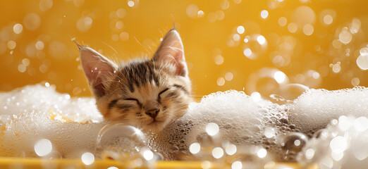 Cute sleepy kitten in a bath with foam and bubbles all around on vibrant yellow background, sunlight and shadows. Wellness and relaxation concept banner.