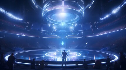 A futuristic sports arena with holographic displays, cheering crowds, and dynamic lighting effects.
