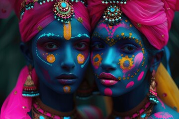 Colorful Portraits of Two Women with Traditional Decorative Makeup. Fictional character created by Generated AI. 