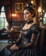 woman, wearing a Victorian steampunk dress sitting in a Victorian parlour house