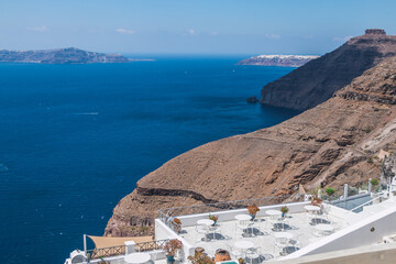 top view of the volcanic island of Santorini in Greece and the Aegean Sea. Beautiful landscape