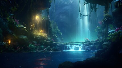 A hidden waterfall in a lush, bioluminescent jungle with magical creatures dwelling in the foliage.