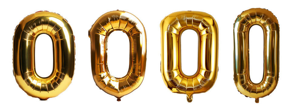 Gold foil balloon number 0, different styles, transparent png background