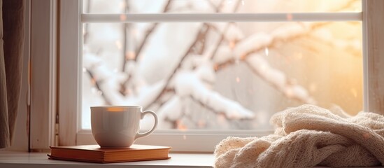 A coffee cup and a book rest on a window sill, creating a cozy atmosphere. The tableware and drinkware bring warmth to the wooden surface, while a twig adds a natural element - obrazy, fototapety, plakaty