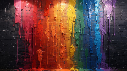 A colorful wall with rainbow paint dripping down it