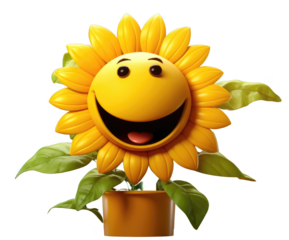 A yellow flower with a big smile on its face is in a pot. The flower is happy and cheerful, and it seems to be enjoying its time in the pot