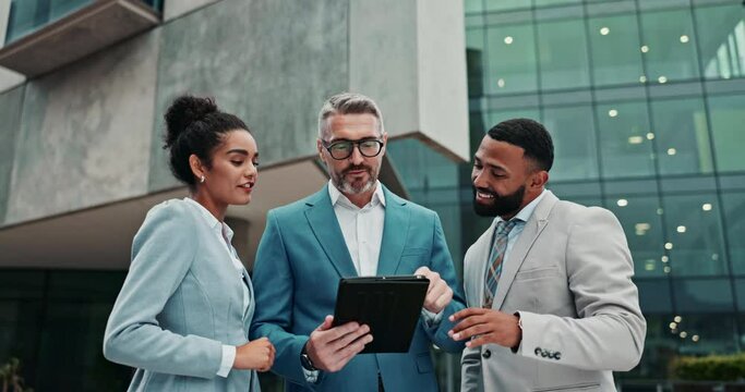 Business people, collaboration and team with tablet in city for research, planning or project. Group of happy employee working together on technology for data, online search or outdoor discussion