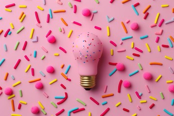 A magenta light bulb surrounded by confetti sprinkles on a sweet pink background, perfect for a...