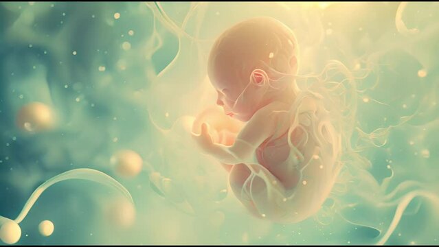 An artistic representation of a fetus surrounded by a complex network of lines, representing nerves or veins, illuminated against a soft, glowing background