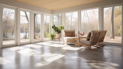 Sunroom with sleek concrete floors and radiant heating.