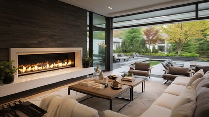 Sunroom with sleek modern gas fireplace and lounge seating.