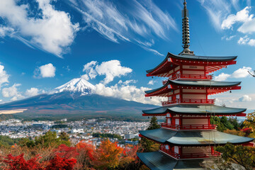 A beautiful red pagoda with Mount Fuji in the background, a Japanese cityscape in autumn, a clear blue sky