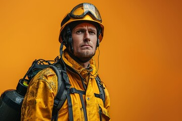 Fototapeta premium Brave wildland firefighter in full gear against a vivid orange backdrop