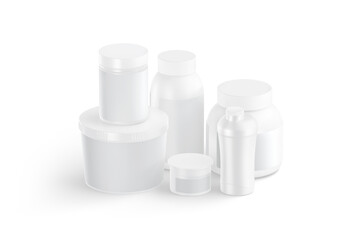 Blank white protein can, bottle and shaker mockup, side view