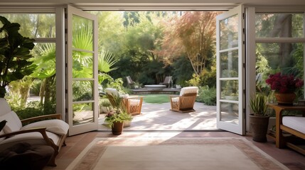 Fototapeta premium Sunroom with sliding glass doors opening to a tranquil courtyard.