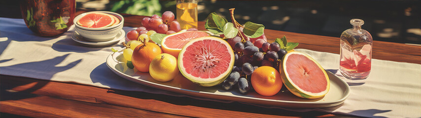 Still life of citrus fruits and grapes on a wooden table in the sunlight - obrazy, fototapety, plakaty