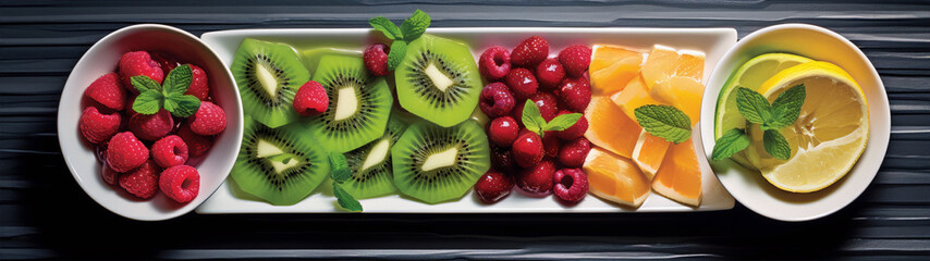 kiwi, raspberries, orange slices and lemon slices on white plates with mint leaves on a black background - obrazy, fototapety, plakaty