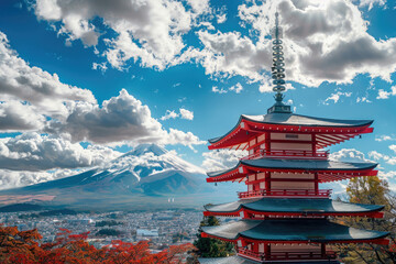 Fototapeta premium A beautiful red pagoda with Mount Fuji in the background, a Japanese cityscape in autumn, a clear blue sky