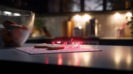 Pink and red heart-shaped cookies on a table with a glass bowl of cookies in the background. - obrazy, fototapety, plakaty