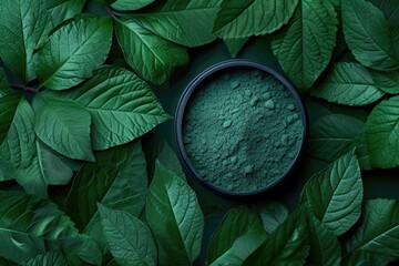 Organic or Aromatic Pigment Green Powder Jar on Tropical Leaves Background, Happy Holi Festival Concept.