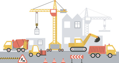 Construction site, building a house. Working process. Tower crane, excavator, and various heavy machinery. - 761445918