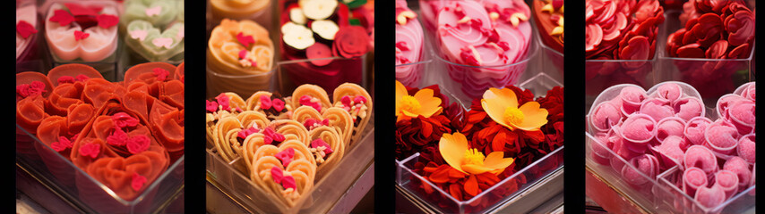 Four images of red and pink flowers and heart shaped candies and cookies with a black background. - obrazy, fototapety, plakaty
