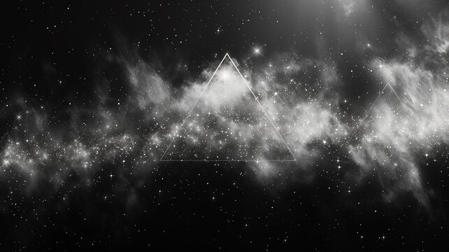 A black and white image of a galaxy with a triangle in the middle