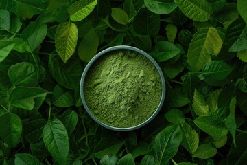 Organic or Aromatic Pigment Green Powder Jar on Tropical Leaves Background, Happy Holi Festival Concept. - obrazy, fototapety, plakaty