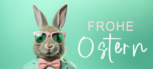 Frohe Ostern Konzept Feiertag Grußkarte mit deutschem Text - Cooler Osterhase, Kaninchen mit Sonnenbrille, Anzug und Fliege, isoliert auf grünem Hintergrund - obrazy, fototapety, plakaty