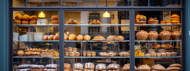 Various kinds of bread and pastries are displayed in the window of a bakery. - obrazy, fototapety, plakaty