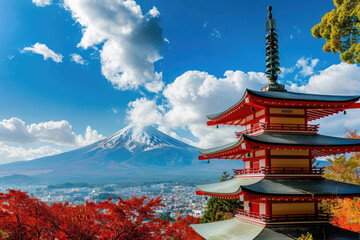 A beautiful red pagoda with Mount Fuji in the background, a Japanese cityscape in autumn, a clear blue sky