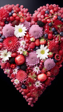 Photo of a heart made of red and pink flowers and berries on a black background.