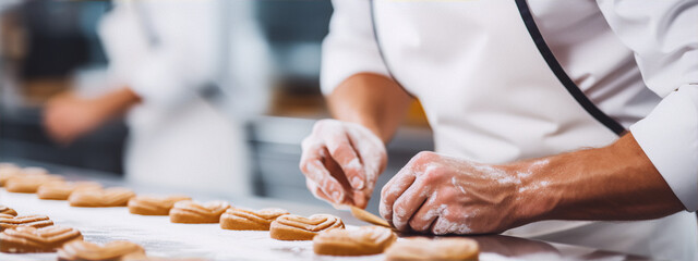 Male chef making cookies in commercial kitchen - obrazy, fototapety, plakaty