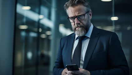 Confident Executive with Smartphone in a Corporate Setting