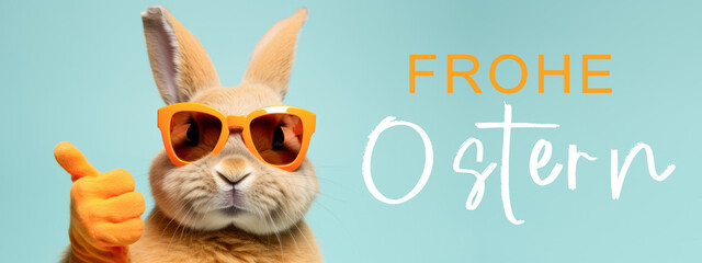 Frohe Ostern Konzept Feiertag Grußkarte mit deutschem Text - Cooler Osterhase, Kaninchen mit Sonnenbrille und Daumen nach oben, isoliert auf blauem Hintergrund - obrazy, fototapety, plakaty