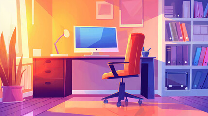 Workplace room, modern Interior, cabinet. Office with computer. Colorful vector illustration in flat cartoon style.