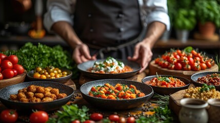 man is cooking in front of a table filled with natural foods such as plum tomatoes, bush tomatoes, and other vegetables. These whole foods are important ingredients in local cuisine - obrazy, fototapety, plakaty
