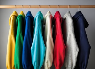 Row of different colorful youth cashmere sweaters and hoodies