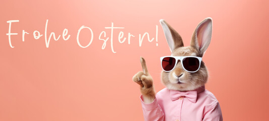 Frohe Ostern Konzept Feiertag Grußkarte mit deutschem Text - Cooler Osterhase, Kaninchen mit Sonnenbrille, Hemd und Fliege, isoliert auf rosa Hintergrund