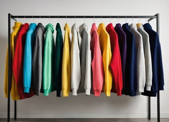 Row of different colorful youth cashmere sweaters and hoodies