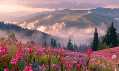 Beautiful summer landscape in the Carpathian mountains at a colorful sunrise with fog and flowers on grassy hills