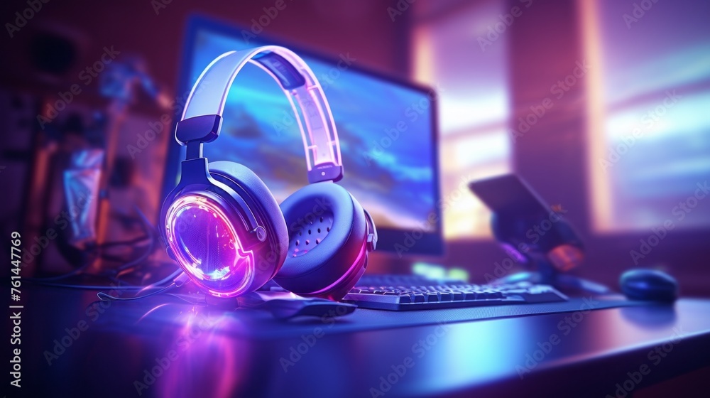 Poster closeup of headphones for a professional streamer, gamer on the background of a computer and keyboar